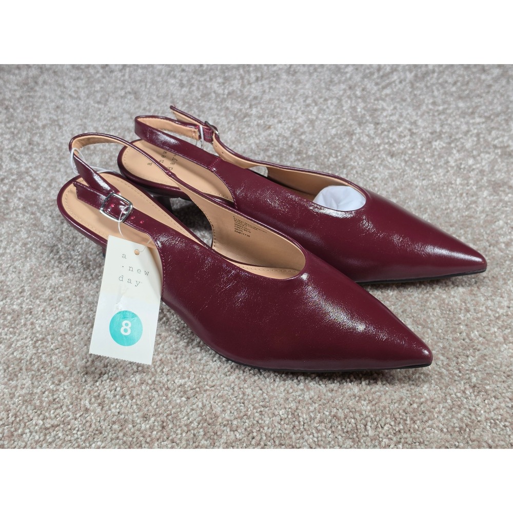 A New Day Samantha Burgundy Slingback Kitten Pointed Toe Pumps Womens Size 8